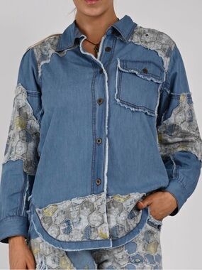 Blue Denim Patchwork Shirt with Hex Print Accents